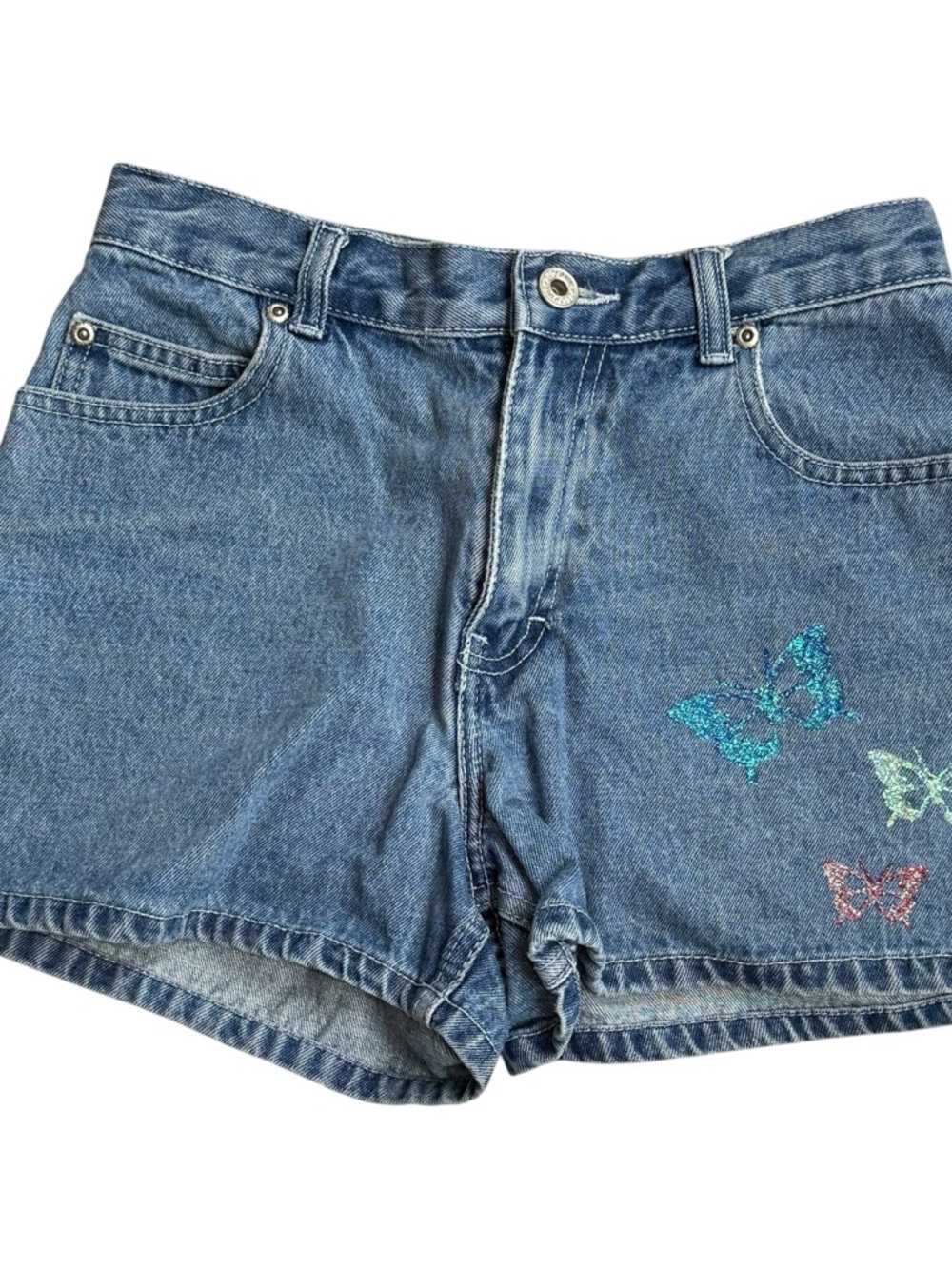 Youth Girls Gasoline Denim Shorts 12 Y2K Butterfly Blue Low Rise Jean Kids Retro - Picture 3 of 8